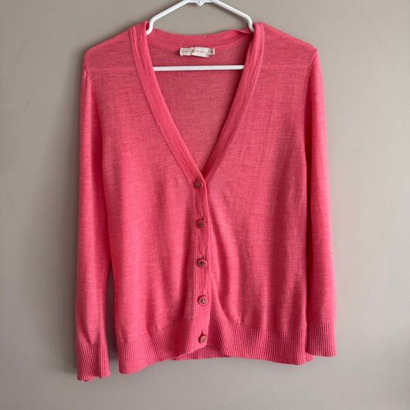 Tory Burch Merino Wool Cardigan Sweater Logo Button Coral Pink Size Medium - Picture 1 of 6
